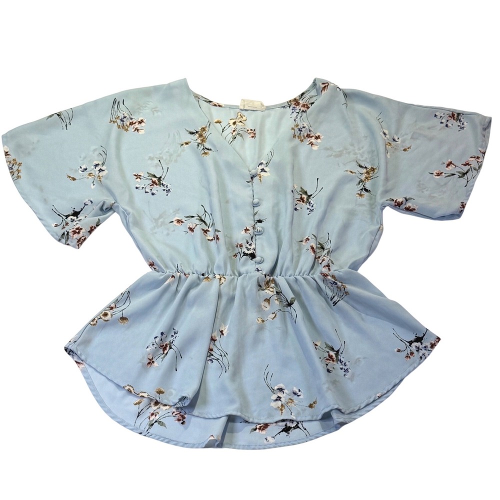 Sienna Sky Light Blue Medium Floral Flutter Sleeve Blouse 1112C7